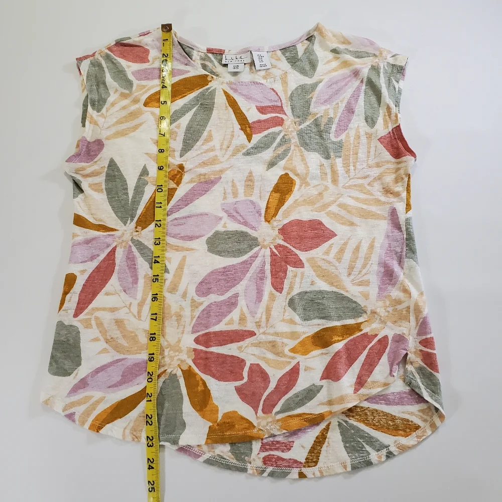 2558 * Nicole Miller Abstract Floral Linen Top Sleeveless Tan Green Red Size M - Picture 5 of 5